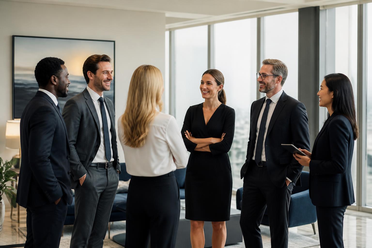 Investment professionals talking in a modern CrestPoint Capital office