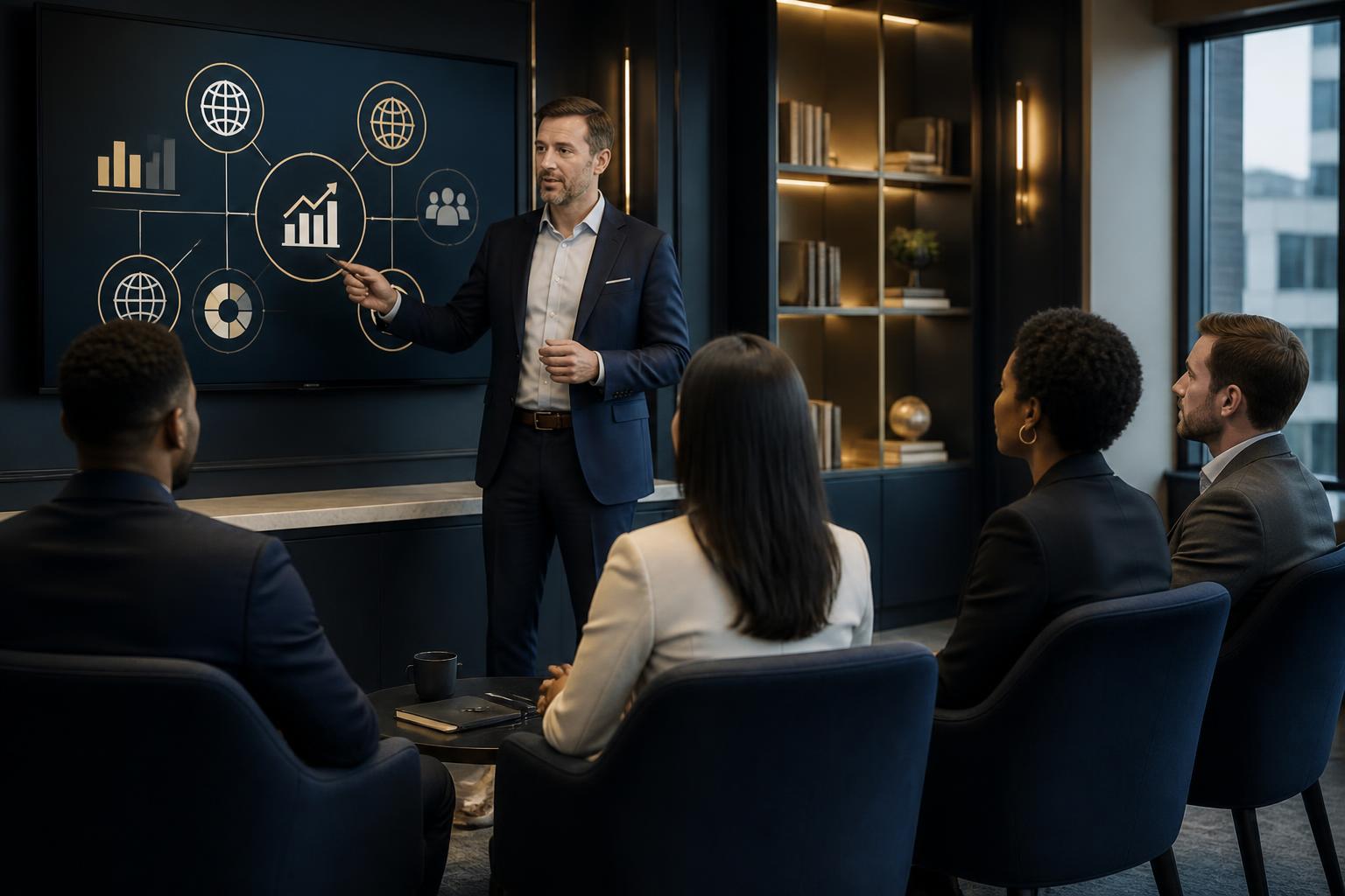 Instructor presenting market fundamentals to investment clients in a modern office