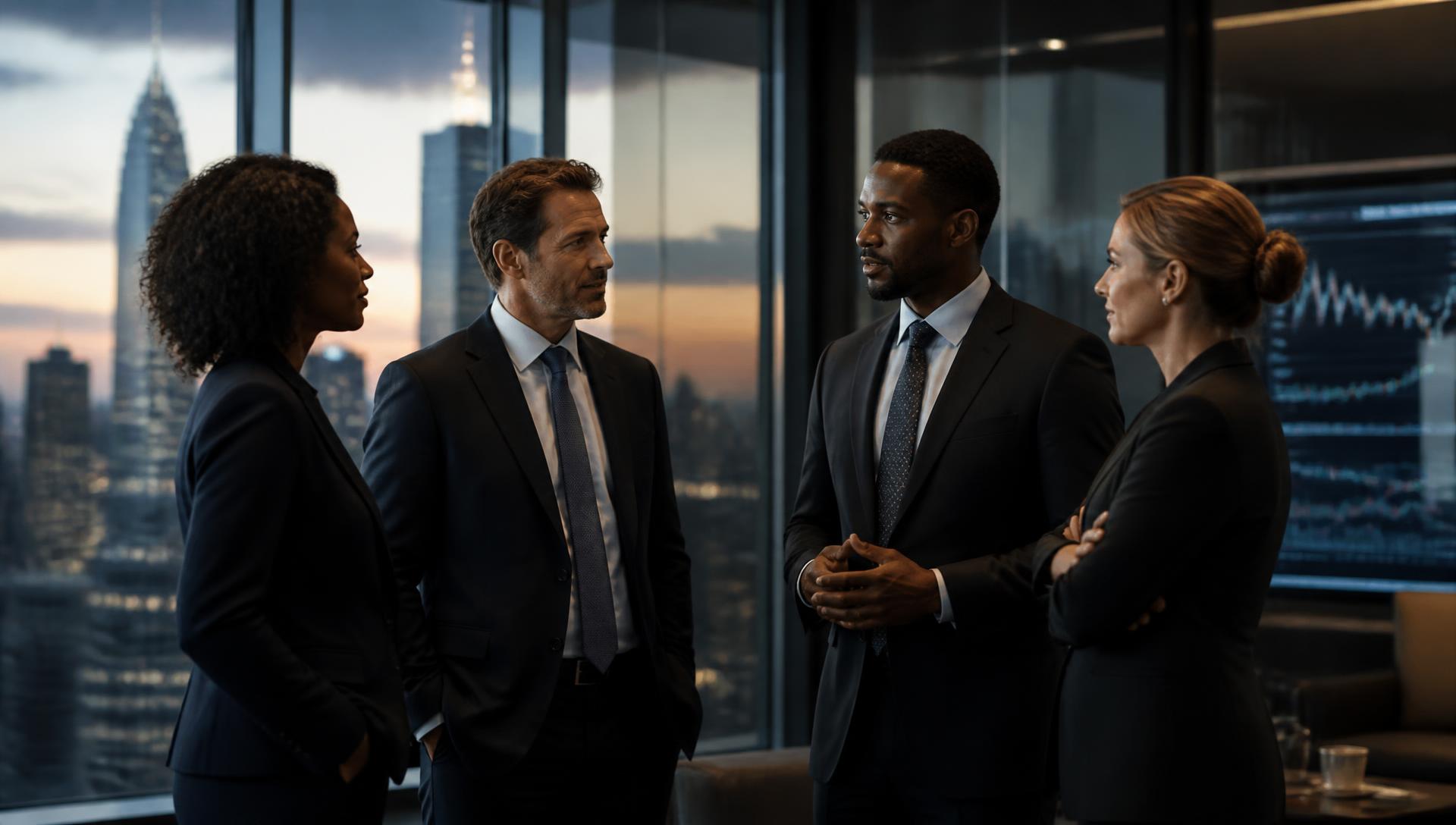 Investment professionals reviewing strategy in a modern financial office at dusk