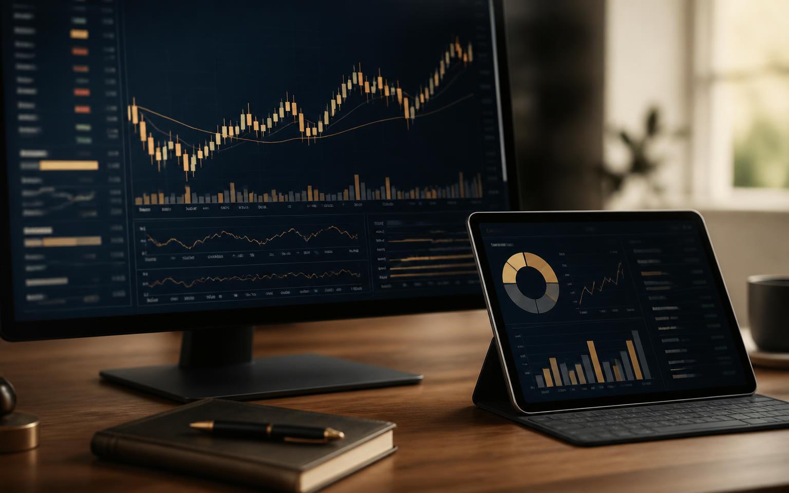 Candlestick charts and portfolio analytics on a trading workstation
