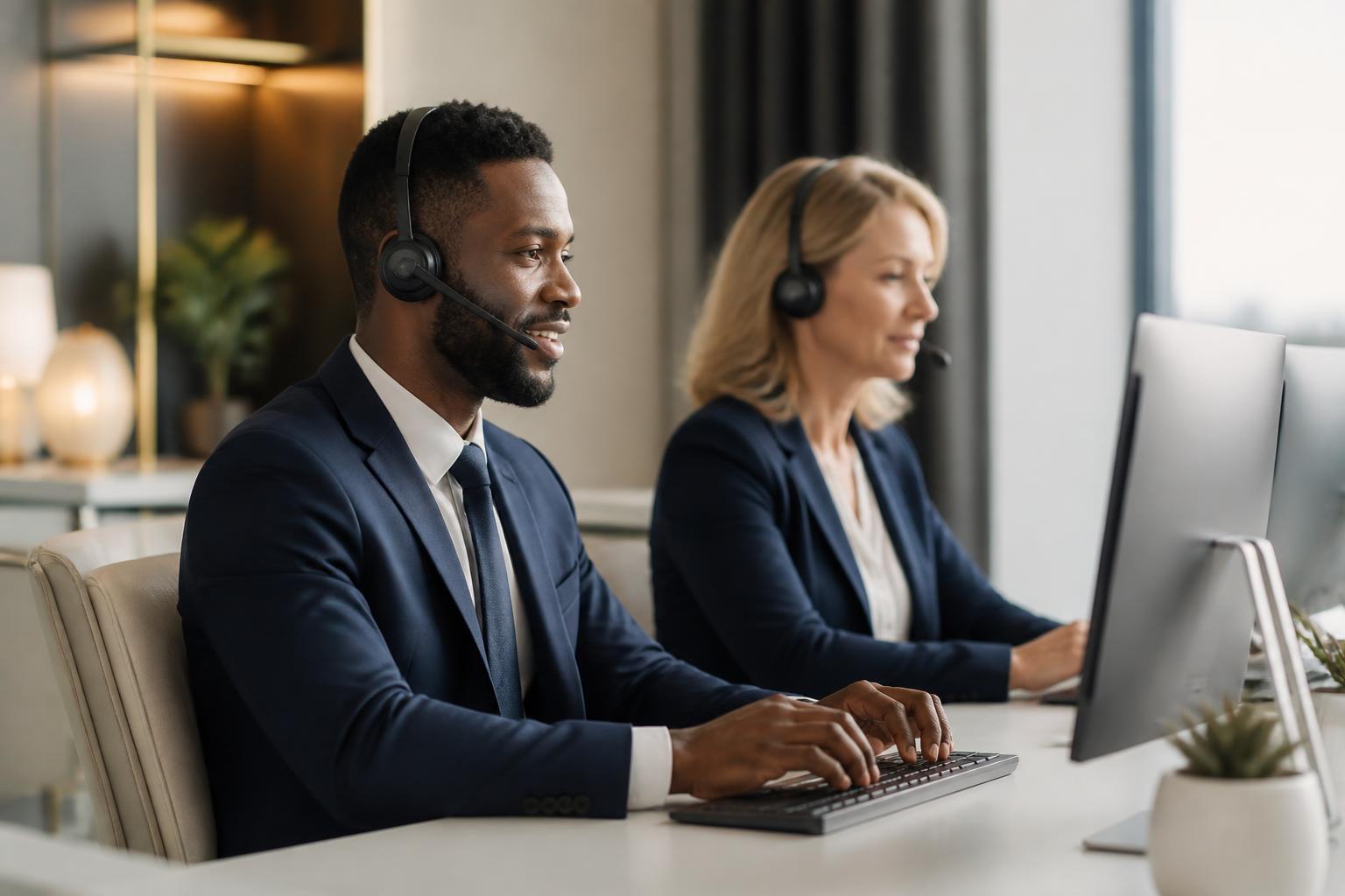 Client support specialists wearing headsets at a modern financial services desk