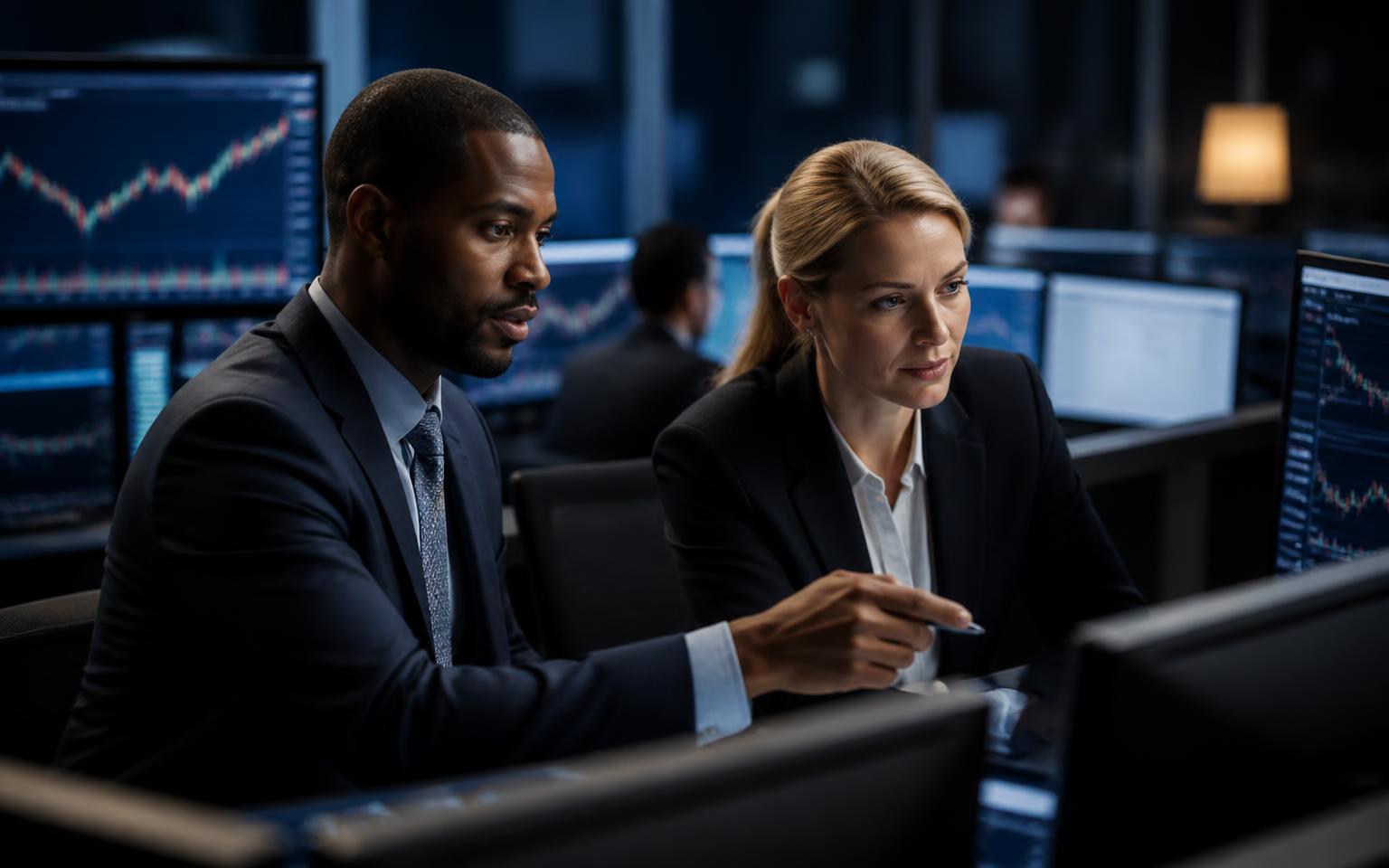 Analysts monitoring market terminals on an institutional trading desk